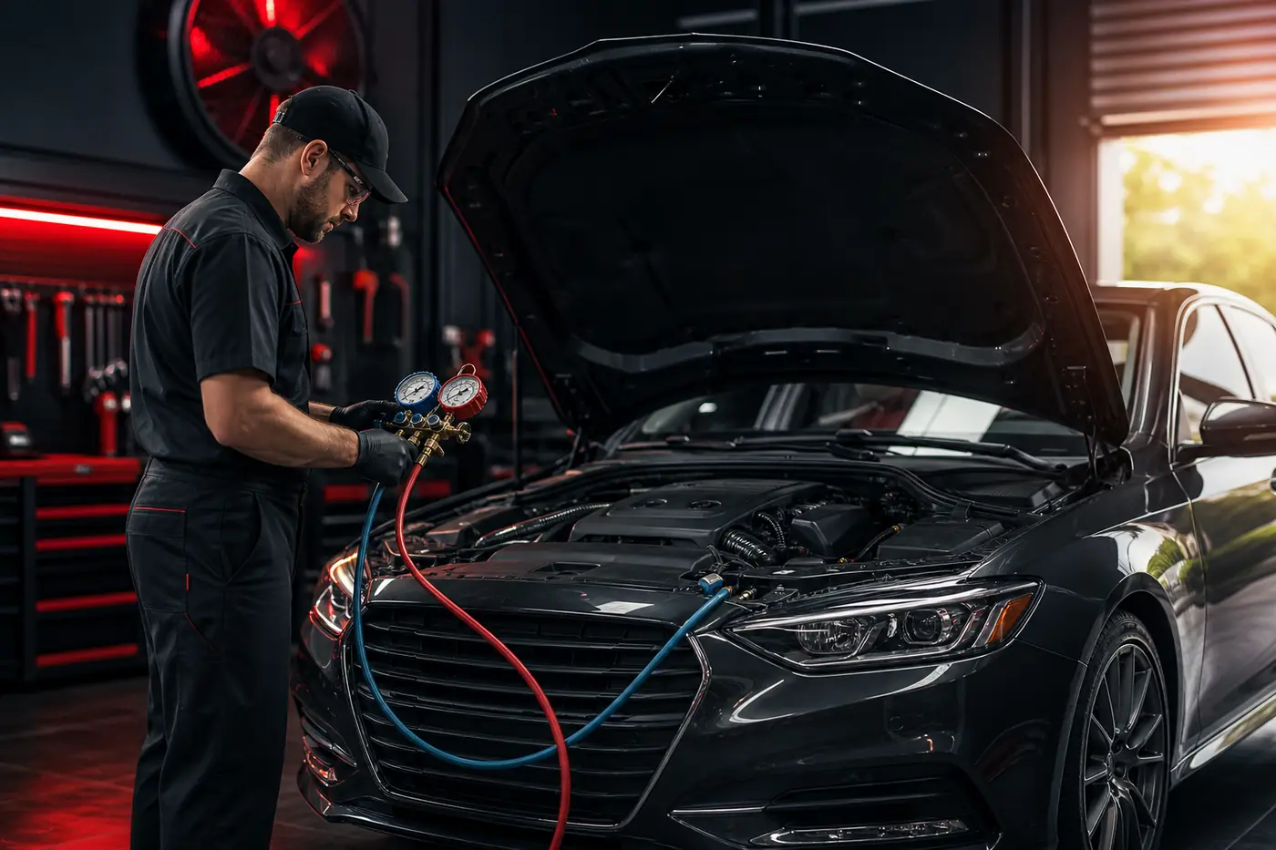 Automotive air conditioning service being performed at a Canton Michigan shop before summer heat arrives
