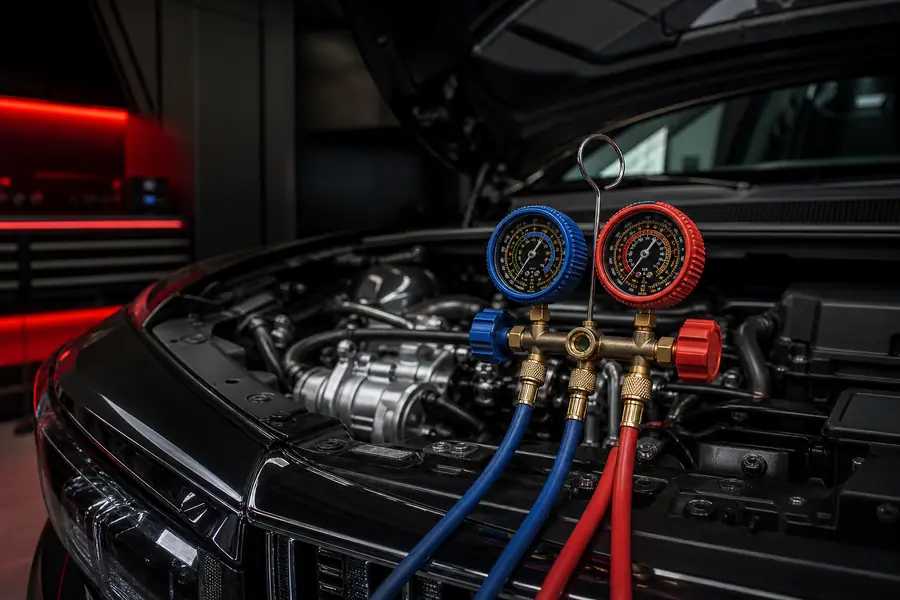AC manifold gauges connected during refrigerant check at a Canton auto repair facility