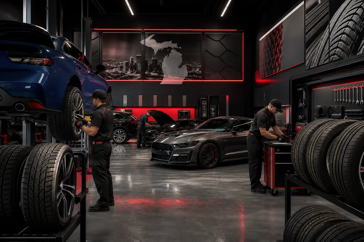 Goodyear tires displayed at an authorized auto service center in Canton Michigan near Ford Road