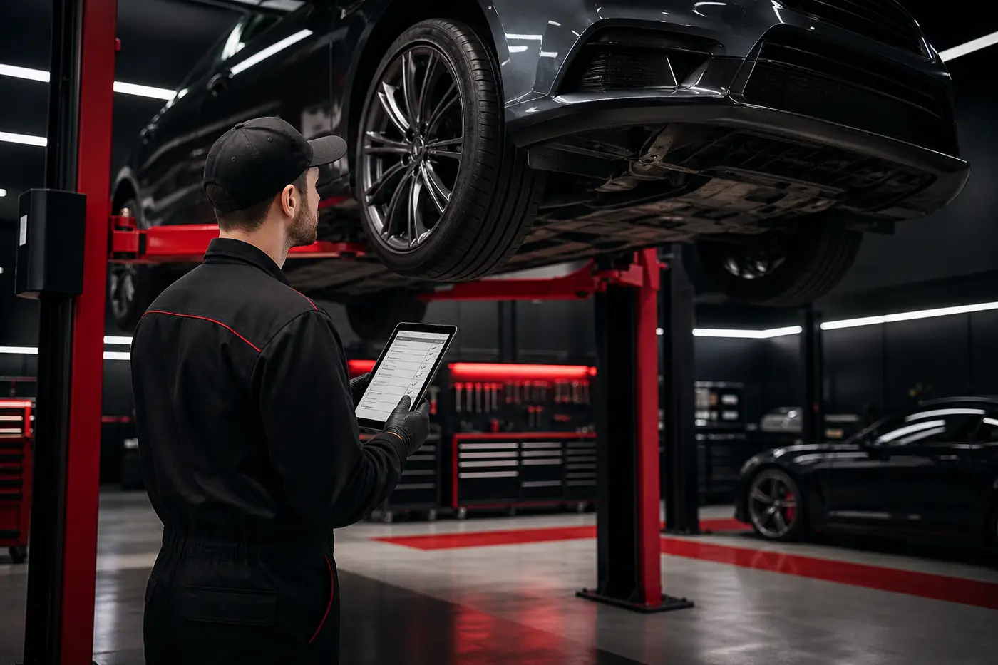 Mechanic performing a pre-purchase vehicle inspection on a lift at a Canton Michigan auto service center