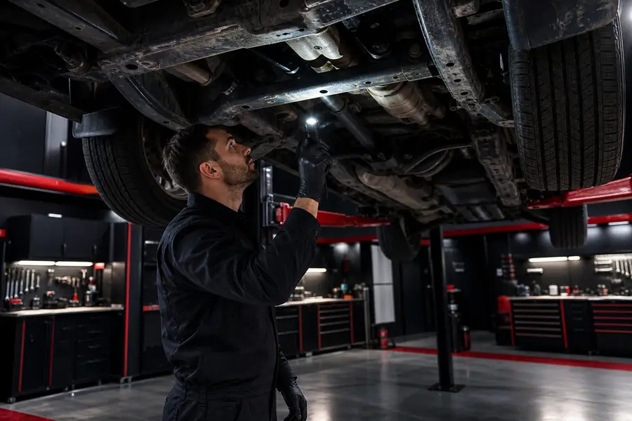 Underbody inspection of a used vehicle on a lift before purchase near Canton Michigan