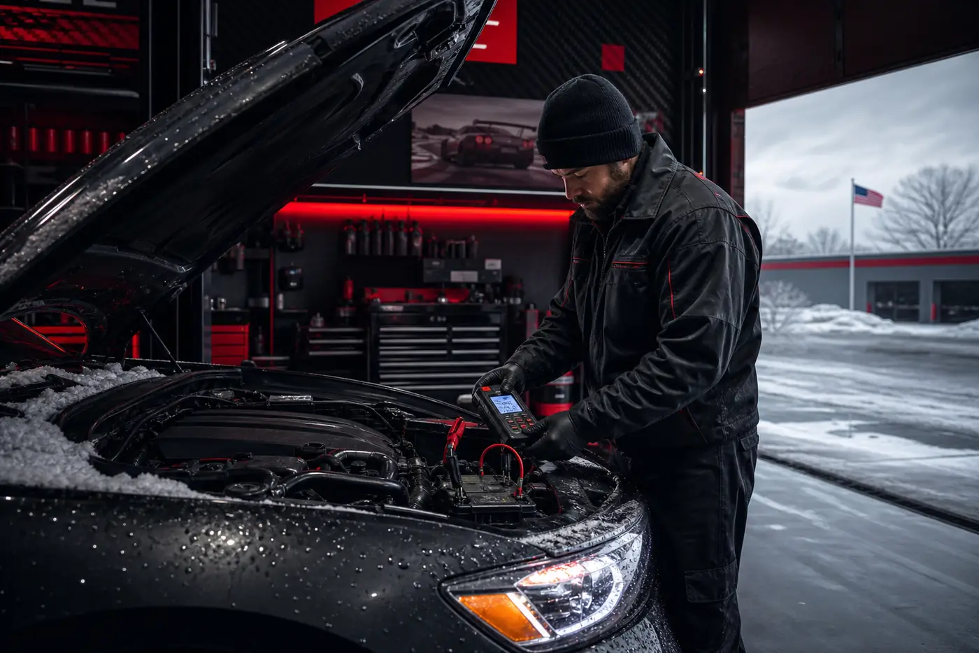 Technician testing a car battery at a Canton auto shop near Ford Road during a Michigan winter morning