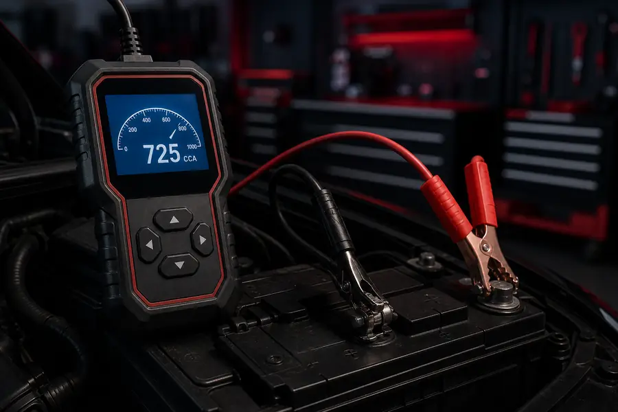 Digital battery tester displaying cold cranking amps during a winter inspection in Canton Michigan