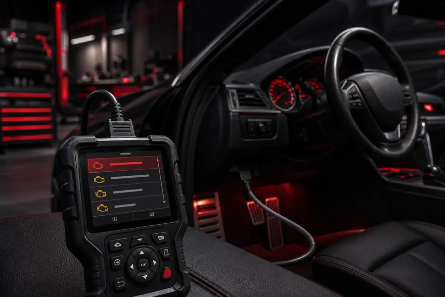 OBD2 diagnostic scanner reading check engine codes in Plymouth auto shop