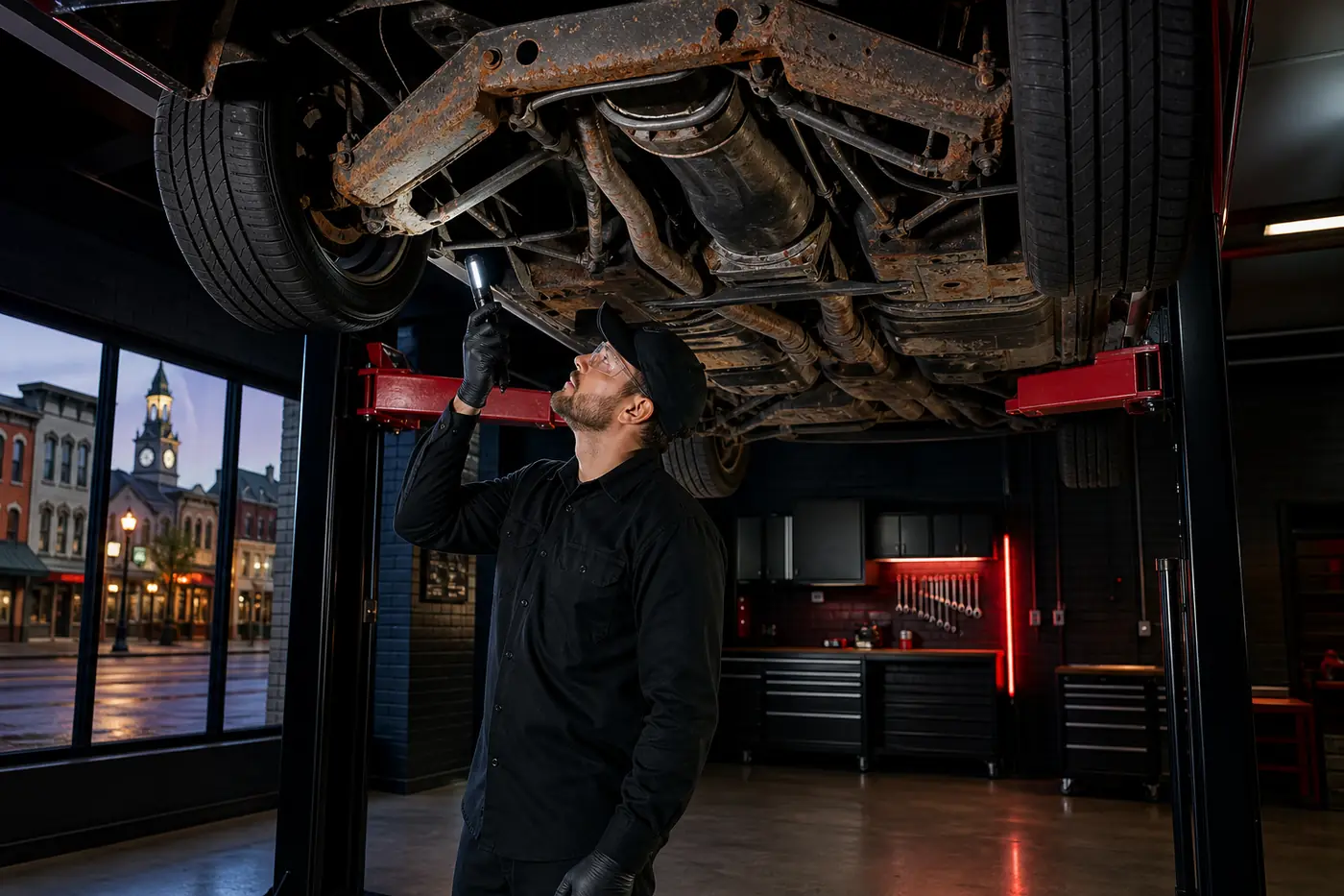 Vehicle undercarriage inspection near historic downtown Plymouth Michigan