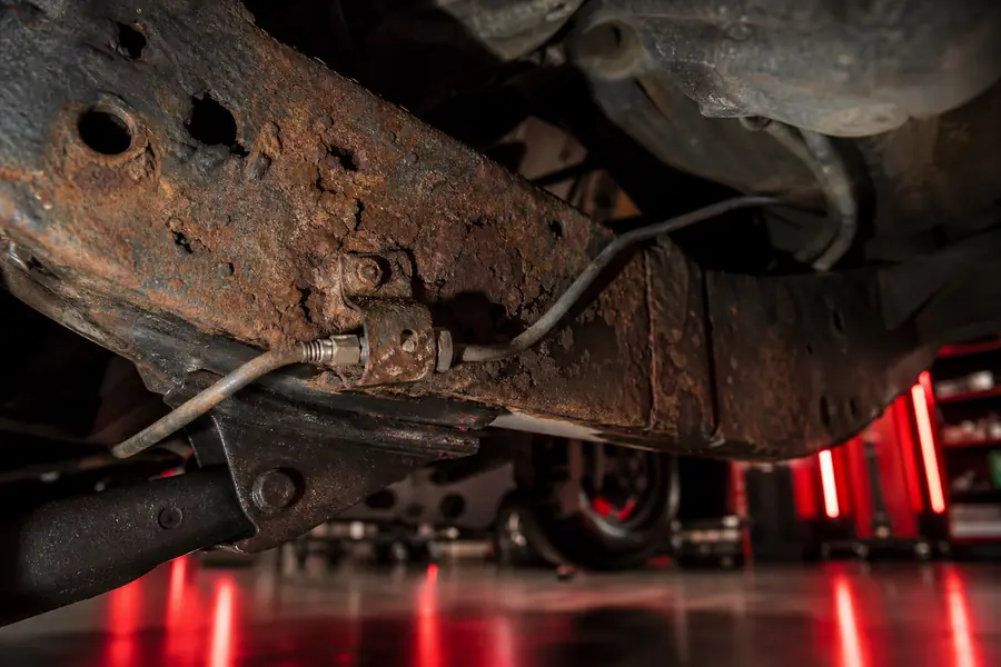 Mechanic examining rust on a vehicle undercarriage in Plymouth Michigan