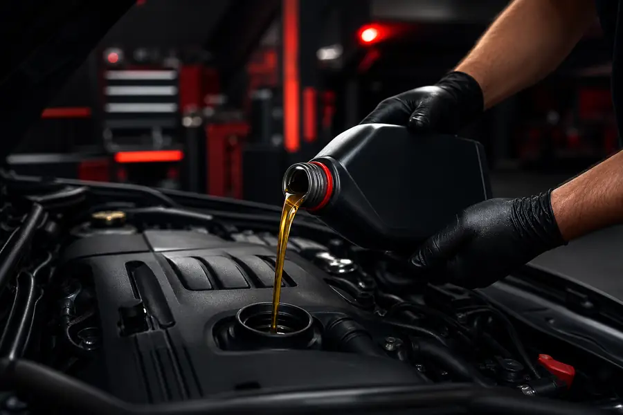 Fresh synthetic oil being poured during commuter vehicle service in Plymouth