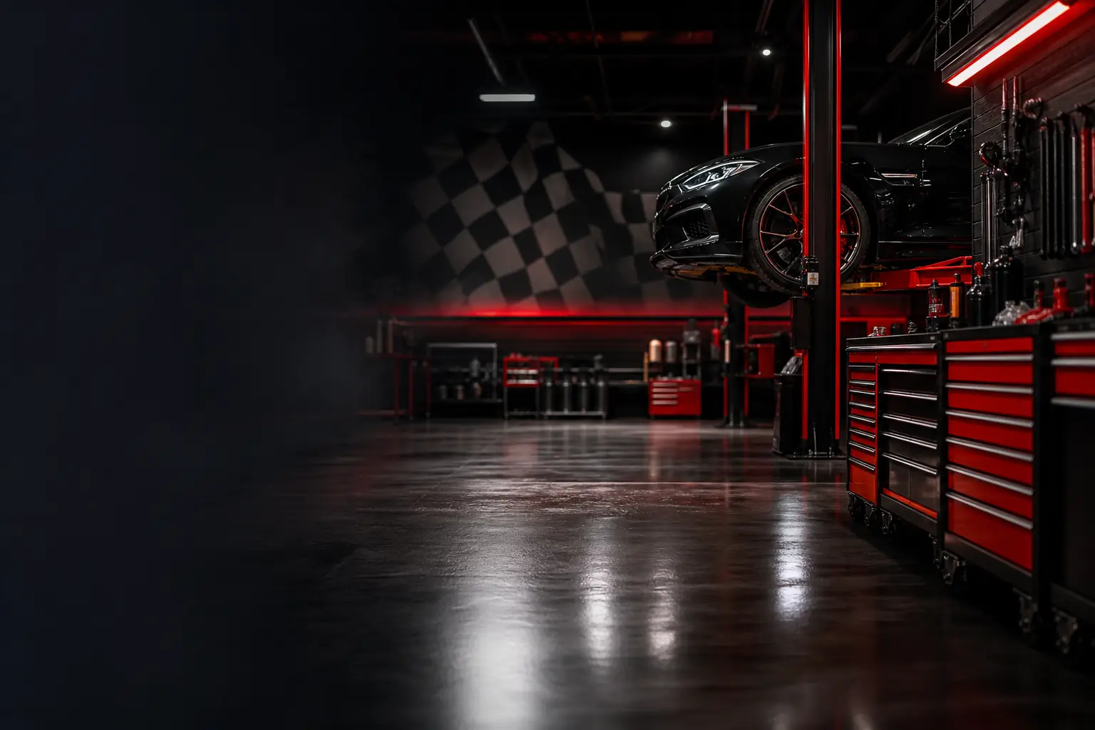 Wear Master Auto premium service bay with racing red accent lighting