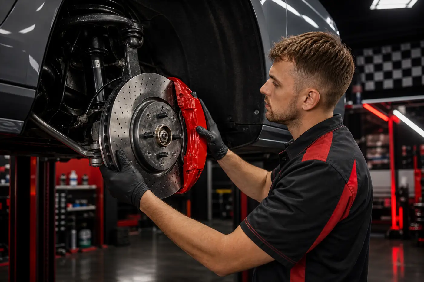Wear Master technician performing a professional brake system inspection